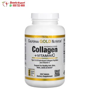 مكمل الكولاجين مع فيتامين سي لتحسين صحة الشعر والبشرة والعظام Hydrolyzed Collagen Peptides + Vitamin C California Gold Nutrition 250 قرص
