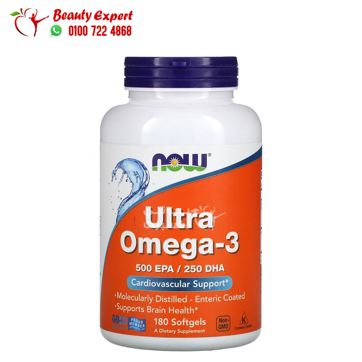 NOW Foods, Ultra Omega-3, 500 EPA 250 DHA, 180 Enteric Coated Softgels features اوميجا 3 كبسول لتعزيز صحة القلب 500 EPA / 250 DHA، 180 كبسولة مغلفة معوية NOW Foods - Image 1