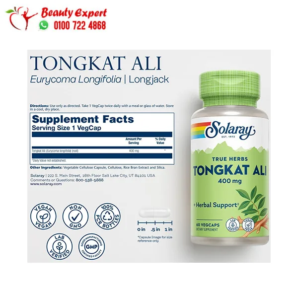 Tongkat Ali 400 mg Plus Herbal Support Tablets Solaray 60 Capsules - Image 2